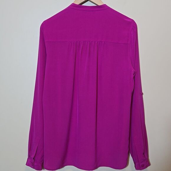 Diane Von Furstenburg Harlow Silk Blouse Top Size 12 Pink Roll Tab Button Down - Picture 10 of 16